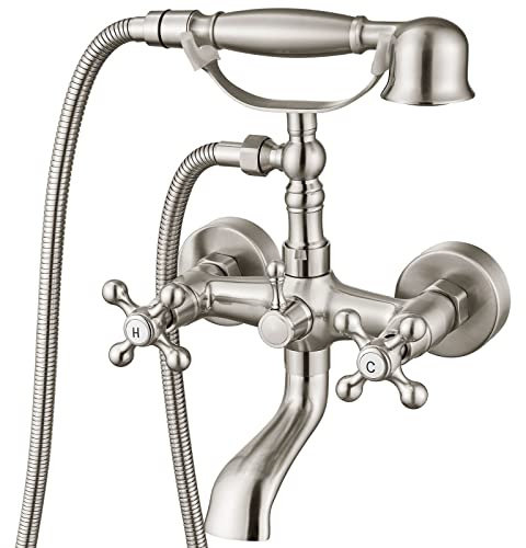 Aolemi Rubinetto per vasca da bagno a parete, nichel spazzolato, doppia impugnatura a croce, miscelatore per vasca da bagno con doccetta, per lavabo, a forma di telefono vintage con beccuccio girevole