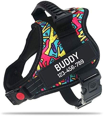PawPawify Personalised No Pull Dog Harness with Custom Name and Phone Number, Heavy Duty Pet Vest to Prevent Tugging, Pulling, or Choking, Training and Walking (Color Doodle, S Chest 20-25in)