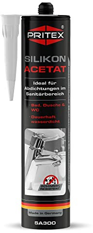 PRITEX – Sanitär Silikon transparent 1x 300 ml zum Abdichten & Verfugen – Acetat für Bad, Dusche & WC – wasserdicht, langlebig & schimmelresistent – Fugendichtmasse mit sehr guter Haftung