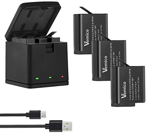Vemico Hero 7/6/5 Batería Cargador Kit 3 Pack 1500mAh Baterías de Recambio Tipo C LED 3-Canales Cargador para Hero 7 Black/Hero 6/Hero 5 Black/Hero 2018/AHDBT-501 (Compatible con el Original)