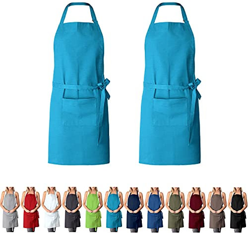 EllaTex DOPPELPACK Damen/Herren/Unisex Schürze Kochschürze Kellnerschürze Bistroschürze Küchenschürze Grillschürze Latzschürze 100% Baumwolle, Farbe: 2er PACK Aquamarin