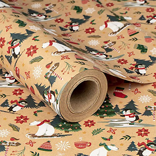 RUSPEPA Weihnachtsgeschenkpapier, Jumbo-Rolle Kraftpapier – Eisbär Und Pinguin-Design Für Weihnachtsgeschenkverpackung – 61 cm X 30,5 m
