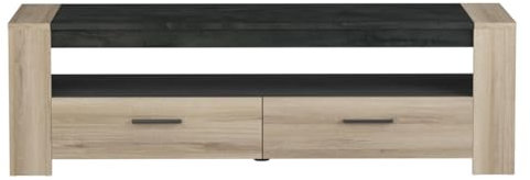Calicosy - Meuble TV 2 Tiroirs 1 Niche Sheffield - Bois Clair et Noir - Panneaux de Particules Mélaminés - Naturel et Contemporain - Fabriqué en France - L151,7 x P43,3 x H46,4cm