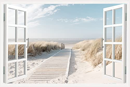 Beach View 3D Window Effect Canvas Prints Wall Decor Seaside Landscape Pictures Print on Canvas Wall Art for Bedroom Living Room Bathroom Office Home Decorations Ready to Hang - 36 W x 24 H