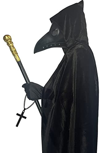 Halloween Plague Doctor Mask Costumes Set 5 in 1, Long Nose Beak Mask Hooded Cloak Scepter Cross Necklace Gloves for Halloween Costume Party