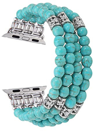GEMEK Compatible con Apple Watch Band 42/44/45/49mm Women iWatch Bands Series 9/8/7/6/5/4/3/2/1, Pulsera de perlas elástica hecha a mano con cuentas de colores para niñas (azul turquesa)