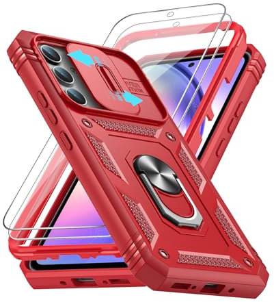 LeYi Hülle für Samsung Galaxy A54 5G/A 54 5G Kameraschieber Handyhülle & 2 Displayschutzfolie, Metallring Schiebekamera Abdeckung Schutzhülle Drehhalter Case Militärschutz Stoßfest Handy Hüllen Rot