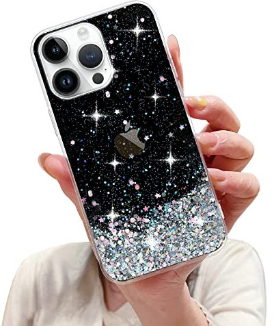 LCHULLE Glitter Case for iPhone 13 Pro Bling Sparkle Shockproof Phone Bumper Cute Stylish Cover for Women and Girls Crystal Silicone Slim Case for iPhone 13 Pro,Black