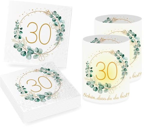 Sprinlot 20 Stück Servietten 30. Geburtstag+12 Stück Windlicht Tischdeko 30 Geburtstag Frauen, Deko 30. Geburtstag Frau Mann, Servietten Eukalyptus Geburtstag Windlichter Tischdeko Wohnungseinrichtung