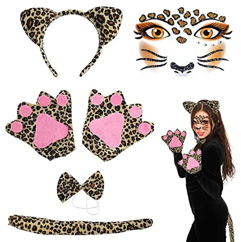 TOPJOWGA 6-teilig Leoparden Kostüm Set, Leoparden Kostüm Damen, Leopard Ohren Schwanz Haarreif Stirnband Handschuhe, Leopard Gesichts Kunst Aufkleber, Tierkostüm Halloween Karneval Verkleidung Party