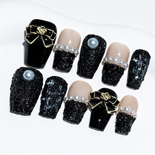 Sun&Beam Nails Handmade Press-on Short Coffin Ballerina Black Nude Beige Pearl Bow Sweet Design Fashion False Nail Tips 10 Pcs Set (#061 L)