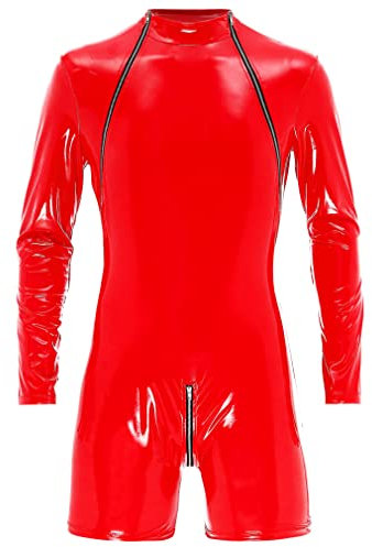 FEESHOW Herren Wetlook Body Leder Latex Overall Kurzer Langarm Lack Leder Männerbody Ouvert mit 3-Reisverschluss M-4XL Rot_F L