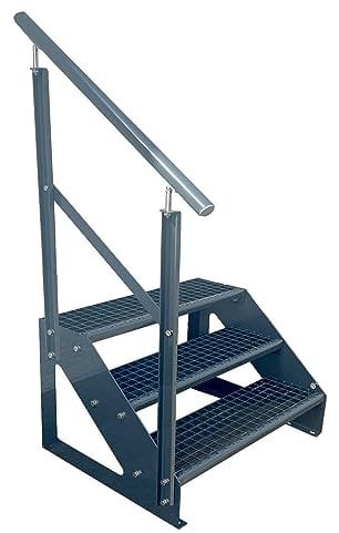 Kaminbau Mierzwa Premium Treppe Freistehend 3 Stufen Anthrazit Geländer Links (Breite 800 mm) (Höhe 57cm) (Wangen: Anthrazit) (Stufen: Anthrazit)