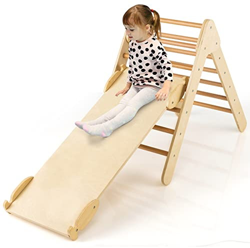 GOPLUS Dreieckige Kletterleiter mit Rampe, Kletterdreieck mit 2 in 1 Wenderampe, Klettergerüst für Kleinkinder zum Klettern und Rutschen, Kinderspielplatz für Kinderzimmer, Kindergarten (Natur)