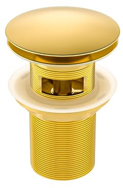 Balneo Messing Waschbecken Stöpsel Universal - Pop Up Ventil Waschbecken 66 mm x G1 1/4 - Waschbeckenstöpsel Pop Up Gold - Spülbecken Stopfen mit Überlauf - 4 Dichtungen, klick A