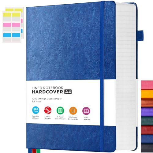 FOCUS DAY Hardcover-Tagebuch, 8,5 x 11, 320 Seiten, großes A4-Notizbuch, Tagebuch, liniert für Schularbeit, großes Leder-Tagebuch zum Schreiben für Damen und Herren, 100 g/m², liniertes Papier, Blau