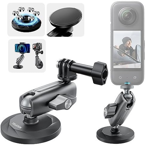 TELESIN° Magnetic Mount for GoPro, Car Mount for DJI Osmo Action 5 Pro 4 3 Pocket 3 Go Pro Hero 13 12 11 Max Insta360 X4 X3, Mount with 360° Rotation Magic Arm, Car Windshield/Window Accessories