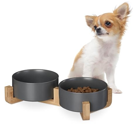 Relaxdays Hunde Napfbar Keramik, 850 ml, Futter & Wasser, Futternapf mit Bambus-Gestell, HxBxT: 9 x 32 x 17 cm, grau