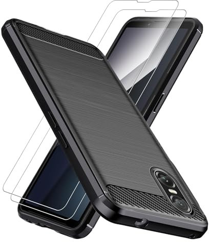 MEMELOKA Hülle für Sony Xperia 10 VI mit 2 Stück Schutzfolie, Weiche TPU Silikon Handyhülle Stoßfeste Kratzfeste, Kohlefaser rutschfest Dünne Schutzhülle Sony Xperia 10 VI, Schwarz