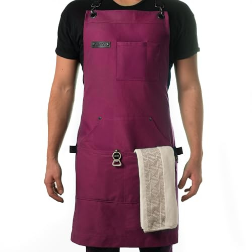 Asaya Chef and BBQ Apron with Bottle Opener and Hand Towel - 10oz Cotton Canvas, Stainless Steel Hardware - Cross Back Straps, Burgundy, Fits men and women between 5’ and 7’ tall