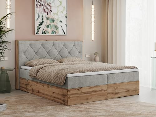 MKS MEBLE Boxspringbett 140x200 Mit Bettkasten Eiche, Polsterbett Mit Matratze H3, Kopfteil und Holzrahmen in Wotan Eiche - Hellgrau Struktur - Veneto