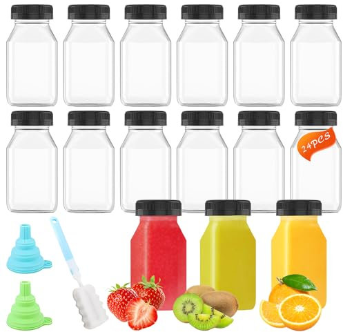 Elepl 24 Piezas Botellas Plástico Pequeñas con Tapas 120 ml Mini Botella de Bebida Vacía Botellas Zumo Reutilizables Botellas para Shots Transparente para Agua Jugo Batidos Leche Bebidas Caseras