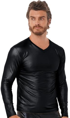 Darringls Herren Leder T-Shirt Langarm Wetlook Lack-Optik Kunstleder glänzende Schwarz Herren Metallische Bronzing Party Hemd Lack-Leder Vinyl Oberteil Muskelshirt Langarmshirt Männer Shirt Unterhemd