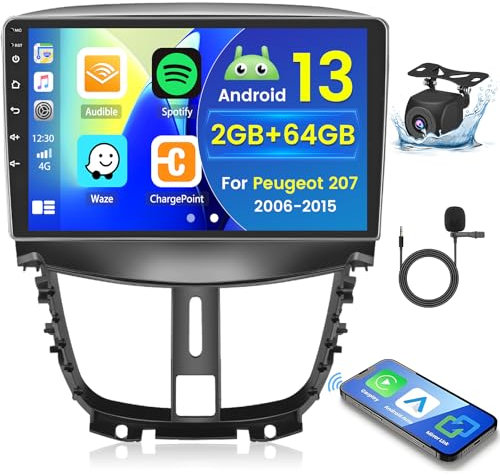 Hikity 2+64GB Android 15 Autoradio pour Peugeot 207 2006-2015 Radio Carplay Android Auto, IPS Écran Tactile 9 Pouces Poste Radio Voiture avec Caméra de Recul, Bluetooth Stéréo, GPS, WiFi, DSP, EQ