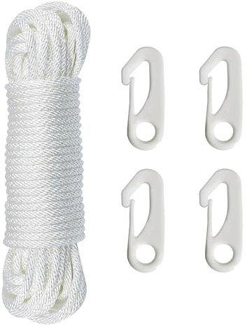 Flag Pole Rope with Flag Pole Clip, 15M Nylon Flag Rope Flagpole, 6mm ThickNylon Flag Rope with 4 Flag Pole Clip Flag Pole Halyard Rope Kit for Outdoor Sailboat Garden Camping