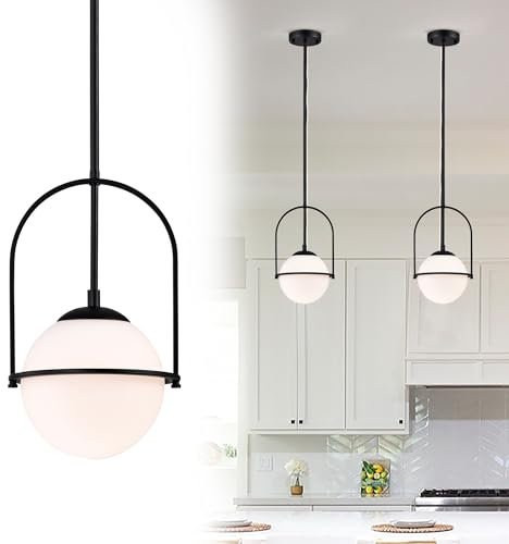 Black Pendant Light with 18cm Milk Glass Globe, Adjustable Black Ceiling Lights Mid Century Pendant Light for Kitchen Island, Bedroom, E14