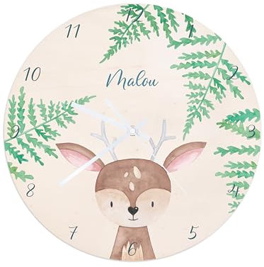 wunderwunsch® - Personalisierte Wanduhr Kinder aus Holz mit Spezial-Druck - Lautloses Uhrwerk mit Aufhängung - Babyzimmer Deko Kinderzimmer (REH)