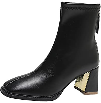 Stivaletti da Donna Primavera e Autunno Semplice Tinta Unita Confortevole Punta Quadrata Tacco Spesso Tacco Bikers Donna Stivali Stivali Invernali (Black, 37)