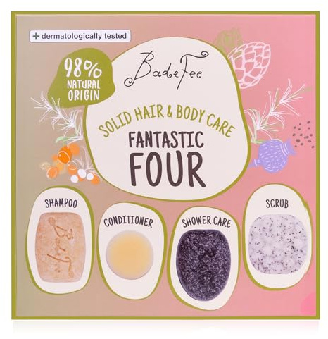 BadeFee feste Pflege Probierset Fantastic Four - Geschenkset mit festes Shampoo, fester Conditioner, feste Dusche, Festes Peeling - plastikfrei, natürliche Inhaltsstoffe, Hergestellt in Deutschland