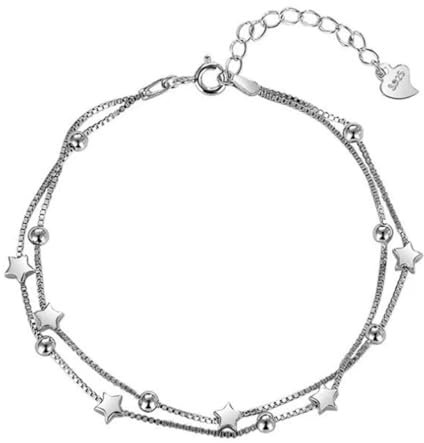 Sterling Silber Armbänder mit Glänzenden Perlen - Verstellbares Layered 925 Silber Stern Armband - Freundschaftsarmband und Geschenke
