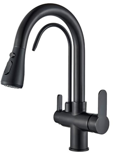 Saeuwtowy Grifo de Cocina 3 Vías Ósmosis, Grifo de Cocina para Osmosis con 2 Palancas, Grifo Osmosis Fregadero Giratorio a 360°, Ducha Extraíble, Acero Inoxidable Negro