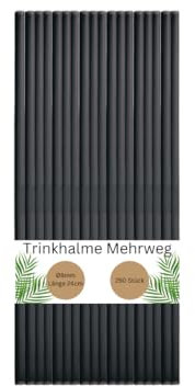 DeinPack 250 Mehrweg-Trinkhalme aus Kunststoff - Ø8mm Länge 240mm - Nachhaltig & Wiederverwendbar - Ideal für Cocktails & Drinks - schwarze Strohhalme in Premium PP-Qualität