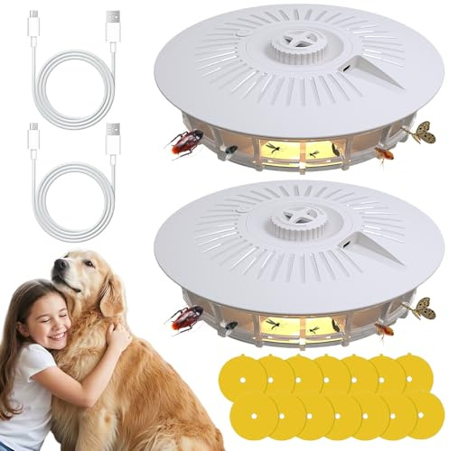 AMFUN Flohfalle, 2 Stück Flohfalle für Wohnung, Klebrige Flohfalle mit 14 Klebepads, 4 Lichtmodi Flohfalle, Flohlichtfalle für Wohnzimmer, Küche, Schlafzimmer