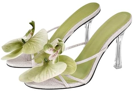 blingqueen Orchid Heels for Women Slip On Clear Heels with Flowers Floral Open Toe Heeled Mules Kitten Slide Sandals Square Toe Thong Sandals Strappy Orchid Pole Dance Shoes Green Size 7