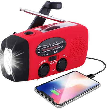 2000mAh High Capacity Rechargeable Radio, SOS Alarm Solar Emergency Hand Crank Radio with LED Flashlight for Outdoor Camping Hiking,AM/FM Portable Weather Radio (Red)