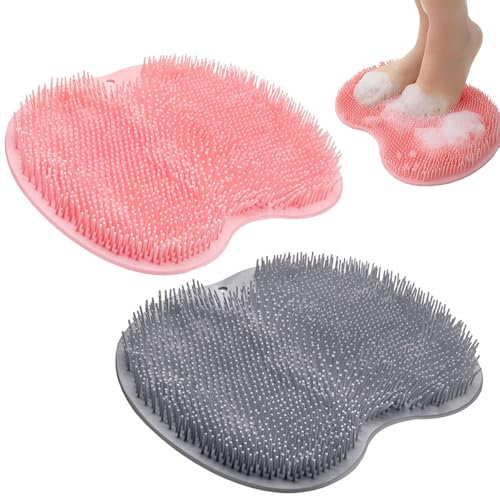 2 PCS Foot Scrubber for Shower, Shower Foot Scrubber Mat, Back Exfoliating Bath Wash Pad for Men and Women, for Cleaning, Eliminate and Calluses Dead Skin (Pink,Grey)