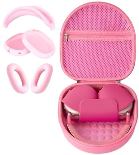 Tragetasche kompatibel mit Apple Airpods Max Kopfhörern, Eva Hard Hülle Etui Shell für die Aufbewahrung von Kopfhörern auf Reisen und im Freien (Rosa Etui & Silikonhülle)