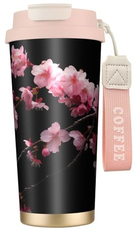 Japanese Cherry Flowers Print Insulated Travel Coffee Mug With Lid,Leak-Proof To Go Coffee Cup, For Hot Cold Drinks
