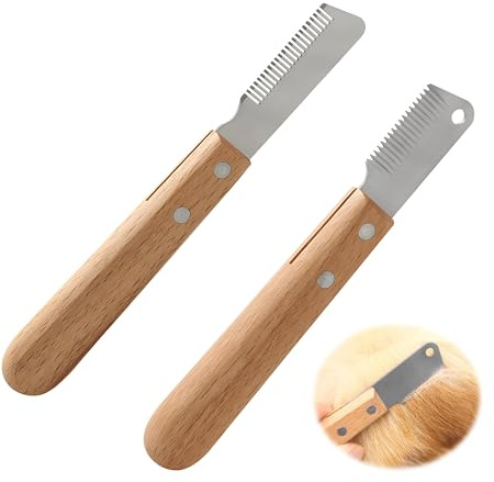 2pcs Couteau Trimmer Chien, Peigne Acier Inoxydable Bois Toilettage Animaux | Manche ergonomique confort, lame tranchante efficace, poils démêlage, entretien pelage, race grandes chattes félines