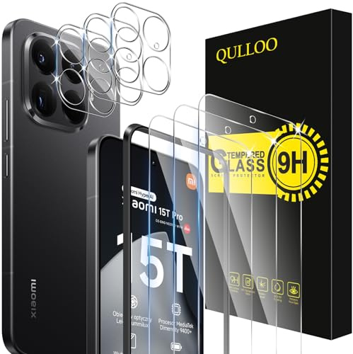 QULLOO Schutzfolie für Xiaomi Mi 15T Pro für Panzerglas, 3 Stück Displayschutzfolie mit 3 Stück Kameraschutz, 9H Härte Gehärtetes Glas HD Klar Schutzglas Anti-Kratzen Folie