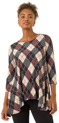 Roman Originals Hanky Hem Tunic Top for Women UK - Ladies Longline Blouse Asymmetric Hemline Casual Slouch Loose 3/4 Sleeves Round Neck Relaxed Comfortable Holiday - Pink Jacquard - Size 16