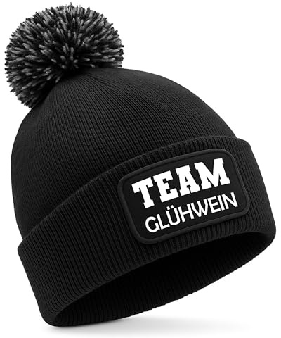 STATEMENT HQ Unisex Beanie Mütze schwarz mit Bommel & Spruch | Team Glühwein | Lustige Wintermütze für Männer & Frauen | Warm & bequem, doppellagiger Rippstrick