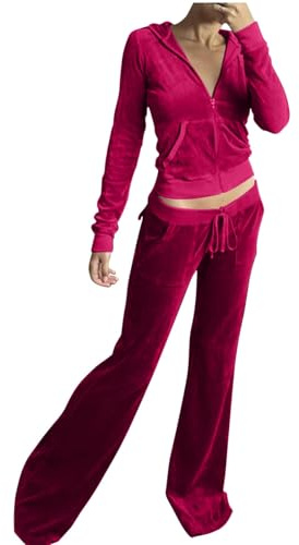 KBOPLEMQ Ensemble de jogging en velours pour femme - 2 pièces - Couleur unie - Élégant - Manches longues - Loungewear - 2 pièces - Survêtement de jogging, O Rose chaud, M