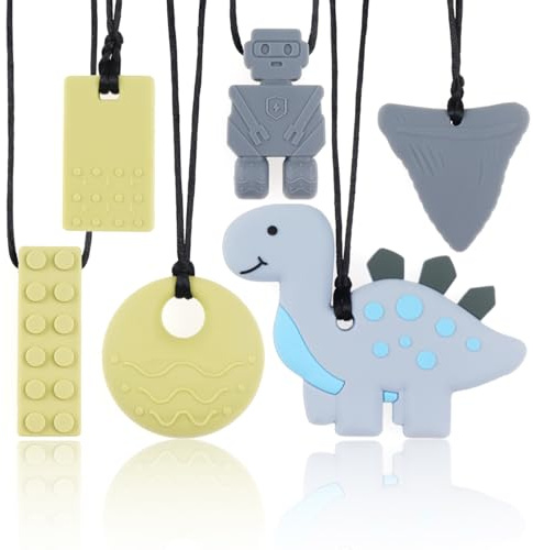 KEFU Colliers à Mâcher Sensoriels pour Enfants 3 Ans+, Lot de 6 | Lot de 6 colliers à mâcher en silicone avec textures variées pour enfants 3 ans et plus.