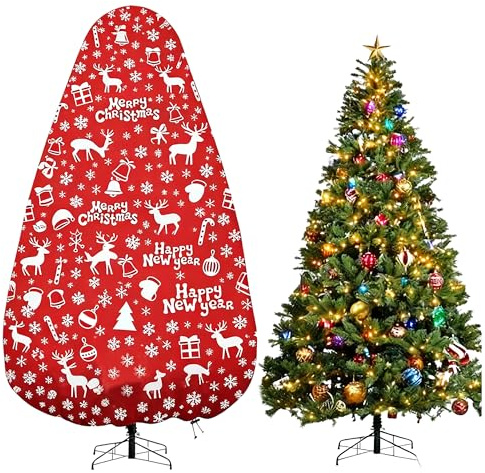 Posoto Xmas Tree Cover – Durable Upright Tree Storage Bag with Zipper & Drawstring, Fits Up to 6 Foot Artificial Tree (Standing with Ornaments), Dustproof - Red Christmas Print