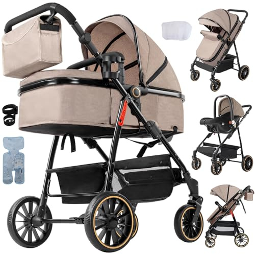 Prokoke Kinderwagen 3 in 1, Buggy mit Umkehrbarem Zwei-Wege-Schub, Kinderwagen Rahmen Aluminiumlegierung, Kombikinderwagen 3 in 1 Einem Klick Faltbar Baby Kleinkind Neugeborene (V8 Khaki)
